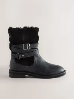 Black Oiled Leather - Forever Comfort® Borg Lined Buckle Trim Ankle Boots