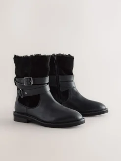 Black Oiled Leather - Forever Comfort® Borg Lined Buckle Trim Ankle Boots