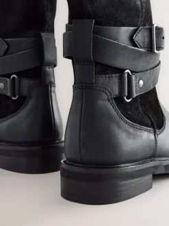 Black Oiled Leather - Forever Comfort® Borg Lined Buckle Trim Ankle Boots