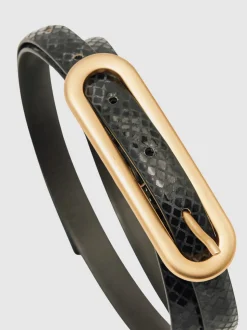 Black Snakeskin - Reiss Chaya smalle leren riem met langwerpige gesp