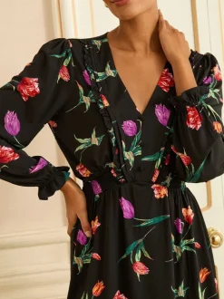 Black Tulip Print - Love & Roses V-Neck Mini Dress