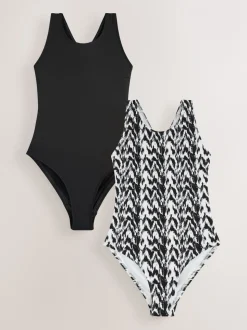 Black/Monochrome Ikat - High Neck Swimsuit 2 Pack