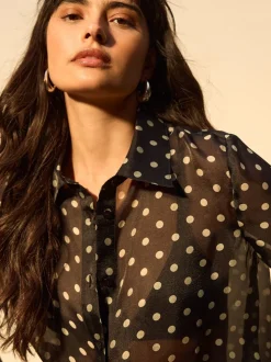 Black/Sage Polka Dot - Overhemd met doorschijnende lange mouwen