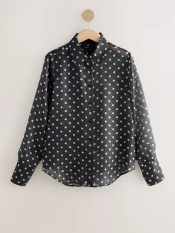 Black/Sage Polka Dot - Overhemd met doorschijnende lange mouwen