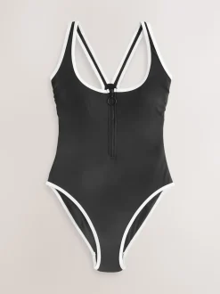Black/White Contrast - Badpak met buikcorrectie en ritssluiting
