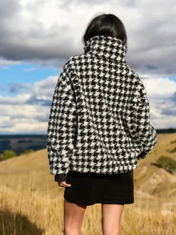 Black/White Houndstooth Check - Jacquard Teddy Borg Quarter Zip Fleece Sweatshirt