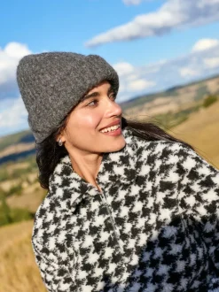 Black/White Houndstooth Check - Jacquard Teddy Borg Quarter Zip Fleece Sweatshirt