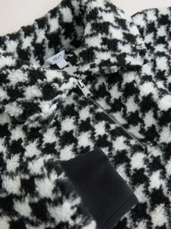 Black/White Houndstooth Check - Jacquard Teddy Borg Quarter Zip Fleece Sweatshirt