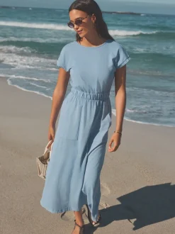 Blauw - 100% katoenen zomer midi overhemdjurk