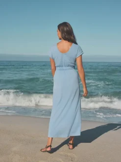 Blauw - 100% katoenen zomer midi overhemdjurk