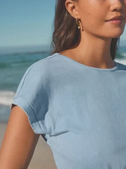 Blauw - 100% katoenen zomer midi overhemdjurk