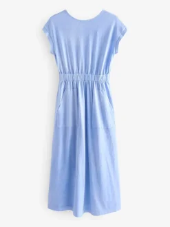 Blauw - 100% katoenen zomer midi overhemdjurk