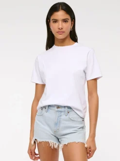 Blauw - Abercrombie & Fitch - Hoge taille mom denim shorts met slijtage-effect