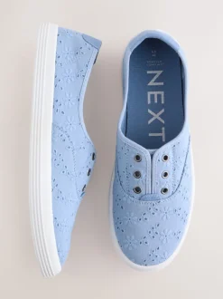 Blauw - Geborduurde veterloze canvas instapsneakers