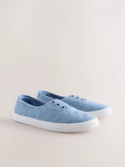 Blauw - Geborduurde veterloze canvas instapsneakers