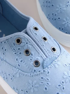 Blauw - Geborduurde veterloze canvas instapsneakers