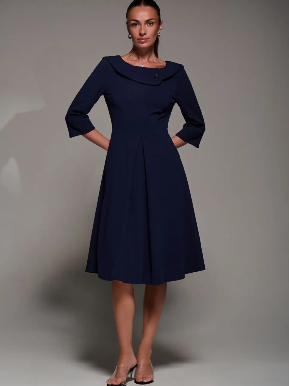 Blauw - Jolie Moi Buttoned Fold Collar Midi Dress