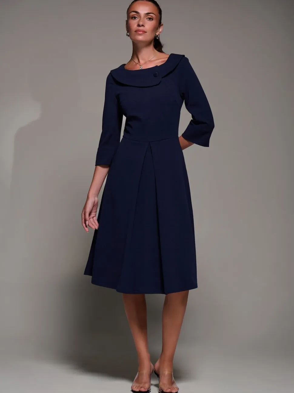 Blauw - Jolie Moi Buttoned Fold Collar Midi Dress