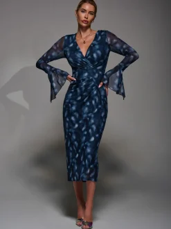 Blauw - Jolie Moi Long Sleeve Mesh Bodycon Dress