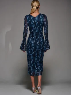Blauw - Jolie Moi Long Sleeve Mesh Bodycon Dress
