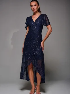 Blauw - Jolie Moi Sequin Angel Sleeve Ruffle Hem Maxi Dress