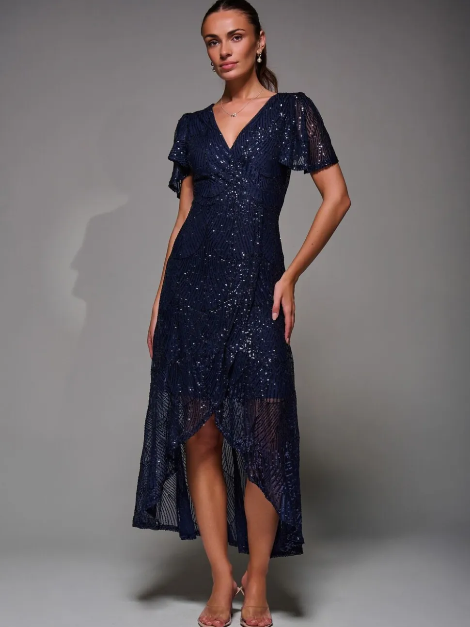 Blauw - Jolie Moi Sequin Angel Sleeve Ruffle Hem Maxi Dress