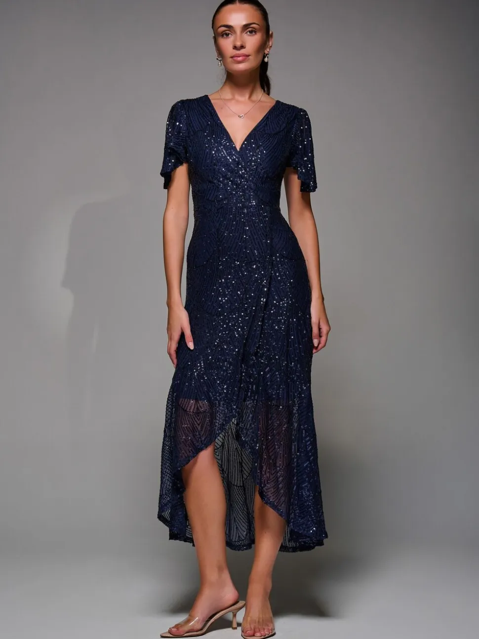 Blauw - Jolie Moi Sequin Angel Sleeve Ruffle Hem Maxi Dress