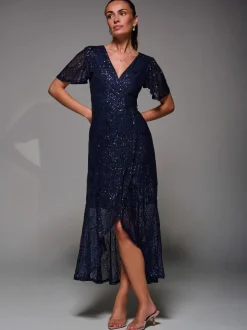 Blauw - Jolie Moi Sequin Angel Sleeve Ruffle Hem Maxi Dress