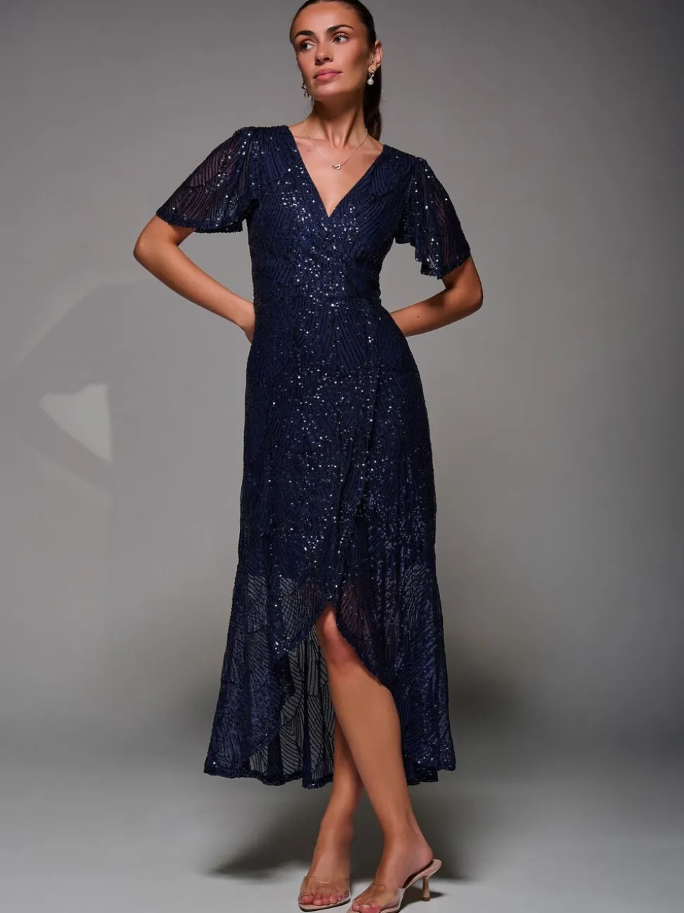 Blauw - Jolie Moi Sequin Angel Sleeve Ruffle Hem Maxi Dress