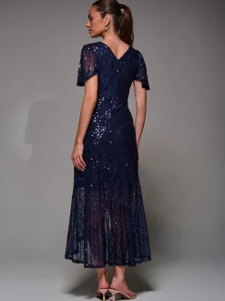 Blauw - Jolie Moi Sequin Angel Sleeve Ruffle Hem Maxi Dress