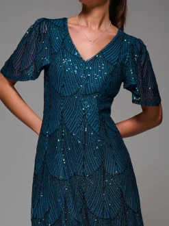 Blauw - Jolie Moi Sequin Angel Sleeve Fit & Flare Midaxi Dress