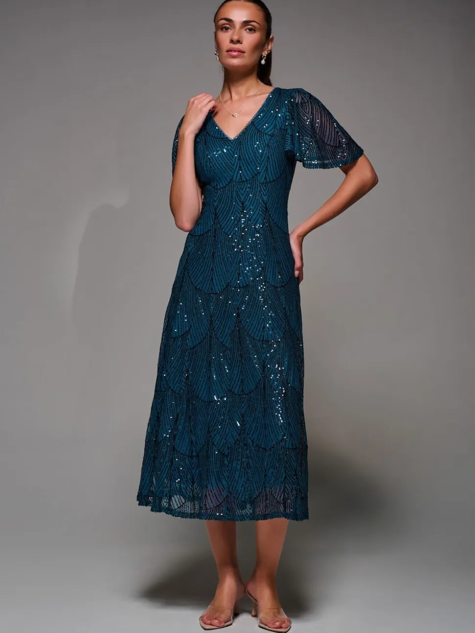 Blauw - Jolie Moi Sequin Angel Sleeve Fit & Flare Midaxi Dress