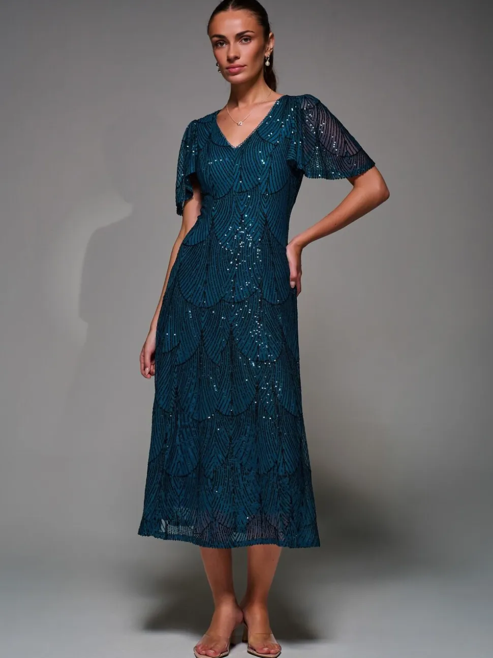 Blauw - Jolie Moi Sequin Angel Sleeve Fit & Flare Midaxi Dress