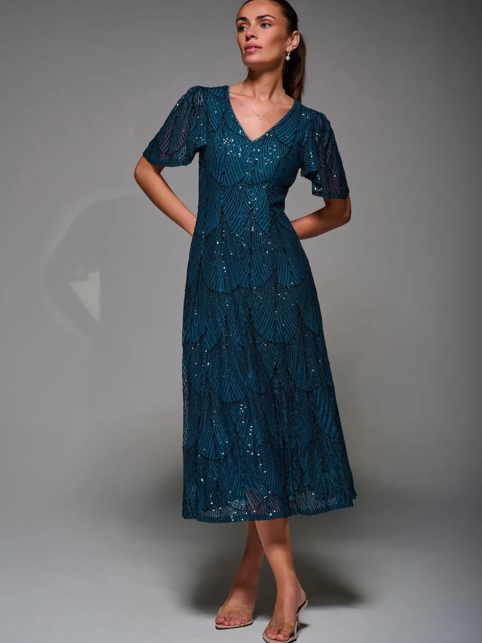 Blauw - Jolie Moi Sequin Angel Sleeve Fit & Flare Midaxi Dress