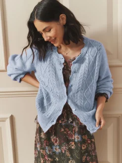 Blauw - Laura Ashley Pointelle Button Through Scallop Cardigan With A Touch Of Wool