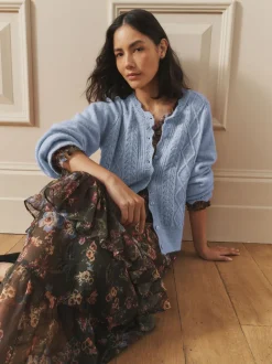 Blauw - Laura Ashley Pointelle Button Through Scallop Cardigan With A Touch Of Wool
