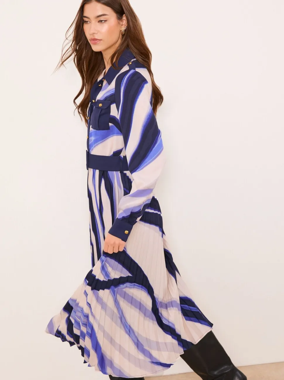 Blauw - Lipsy Marble Print Woven Pleated Midi Shirt Dress