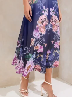Blauw - Lipsy ombré midi-jurk met bloemenprint, tulpmouwen en fit en flare-model