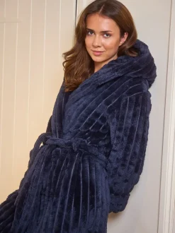 Blauw - Loungeable Plush Ridged Fleece Midi Hooded Dressing Gown