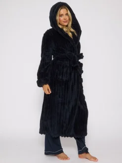 Blauw - Loungeable Plush Ridged Fleece Midi Hooded Dressing Gown