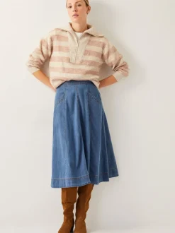 Blauw - Monsoon Harper Seamed Denim 100% Cotton Midi Skirt