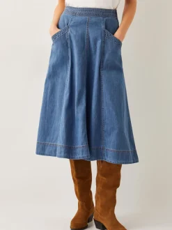 Blauw - Monsoon Harper Seamed Denim 100% Cotton Midi Skirt