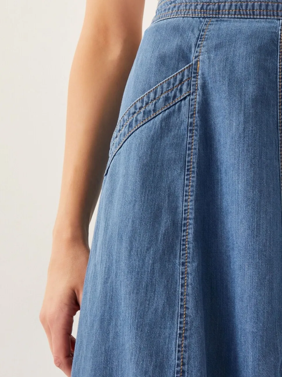 Blauw - Monsoon Harper Seamed Denim 100% Cotton Midi Skirt