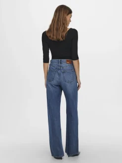 Blauw - ONLY - Jeans met hoge taille, wijde pijpen en rozenprint