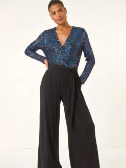 Blauw - Roman Pailletten wikkel V-hals stretchy Jumpsuit