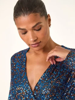 Blauw - Roman Pailletten wikkel V-hals stretchy Jumpsuit