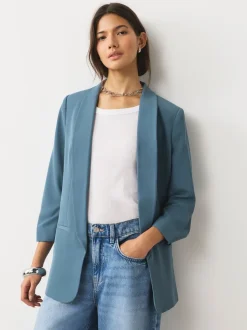 Blauw - Ruimvallend blazer met gerimpelde mouwen