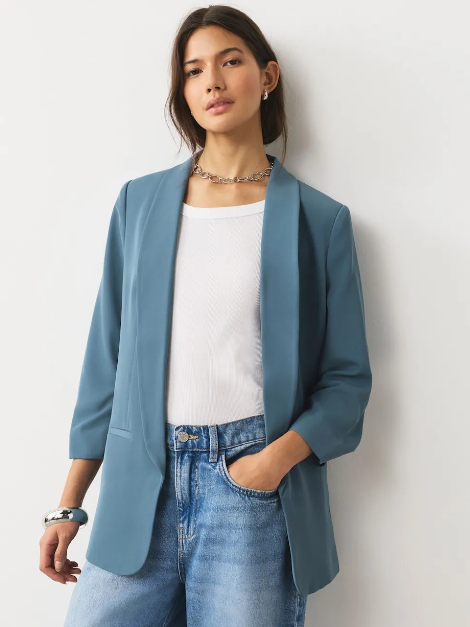 Blauw - Ruimvallend blazer met gerimpelde mouwen