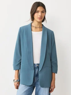 Blauw - Ruimvallend blazer met gerimpelde mouwen