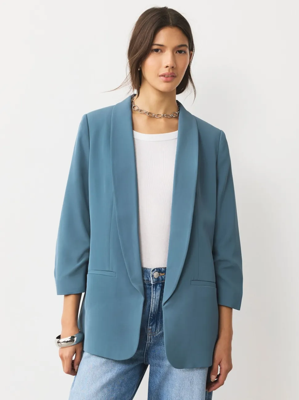 Blauw - Ruimvallend blazer met gerimpelde mouwen